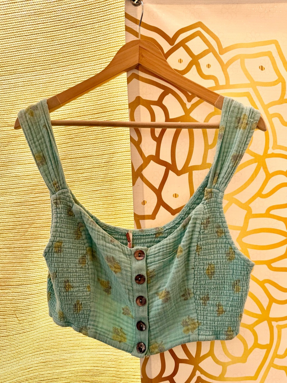 Free People Light Blue Gauze Button-Front Cropped Tank with Green Floral Accents